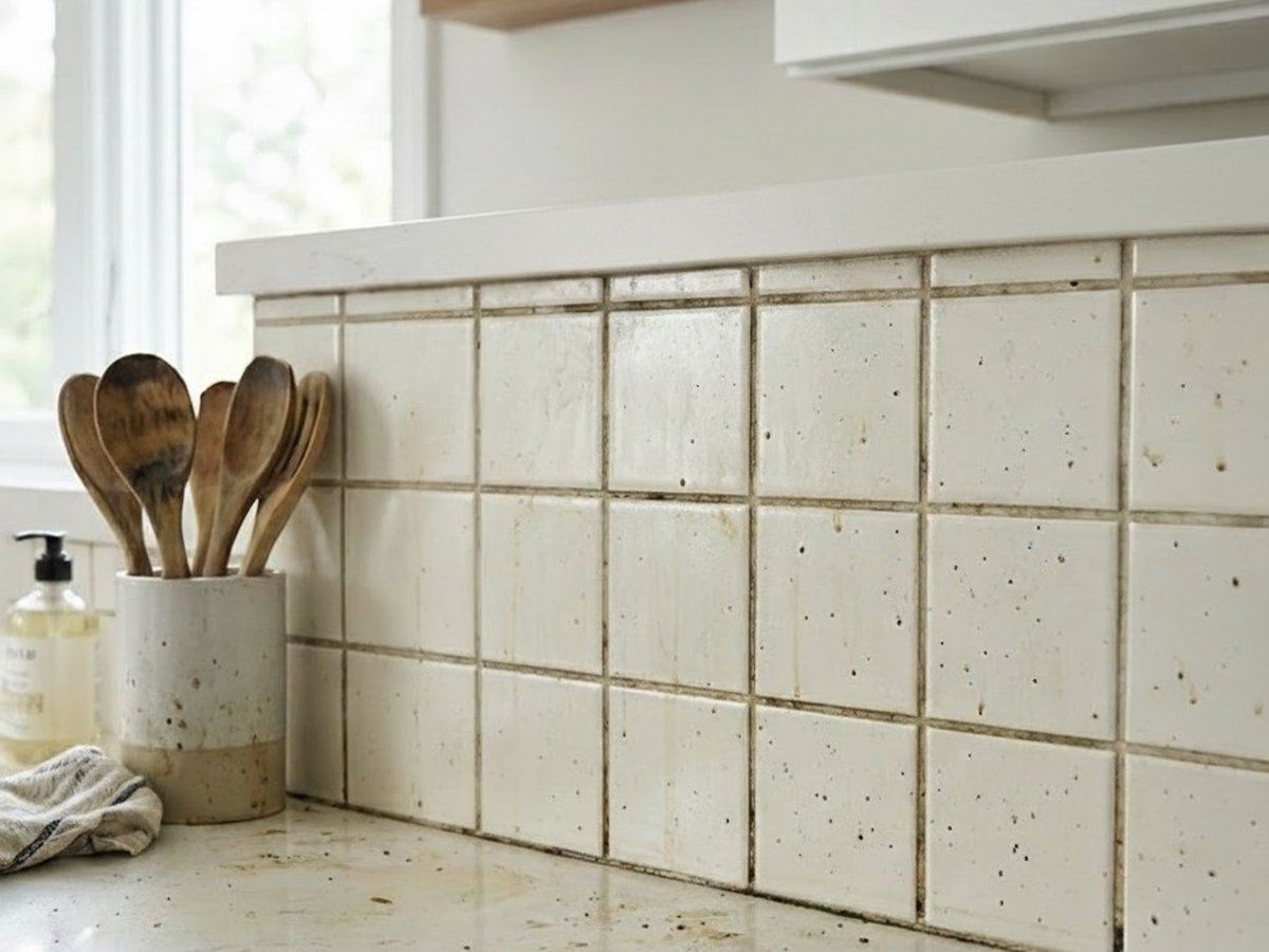 Splashback before regrouting, stained grout